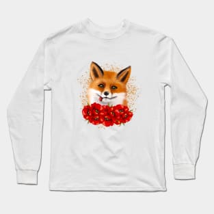 Cute fox face with red poppies Long Sleeve T-Shirt